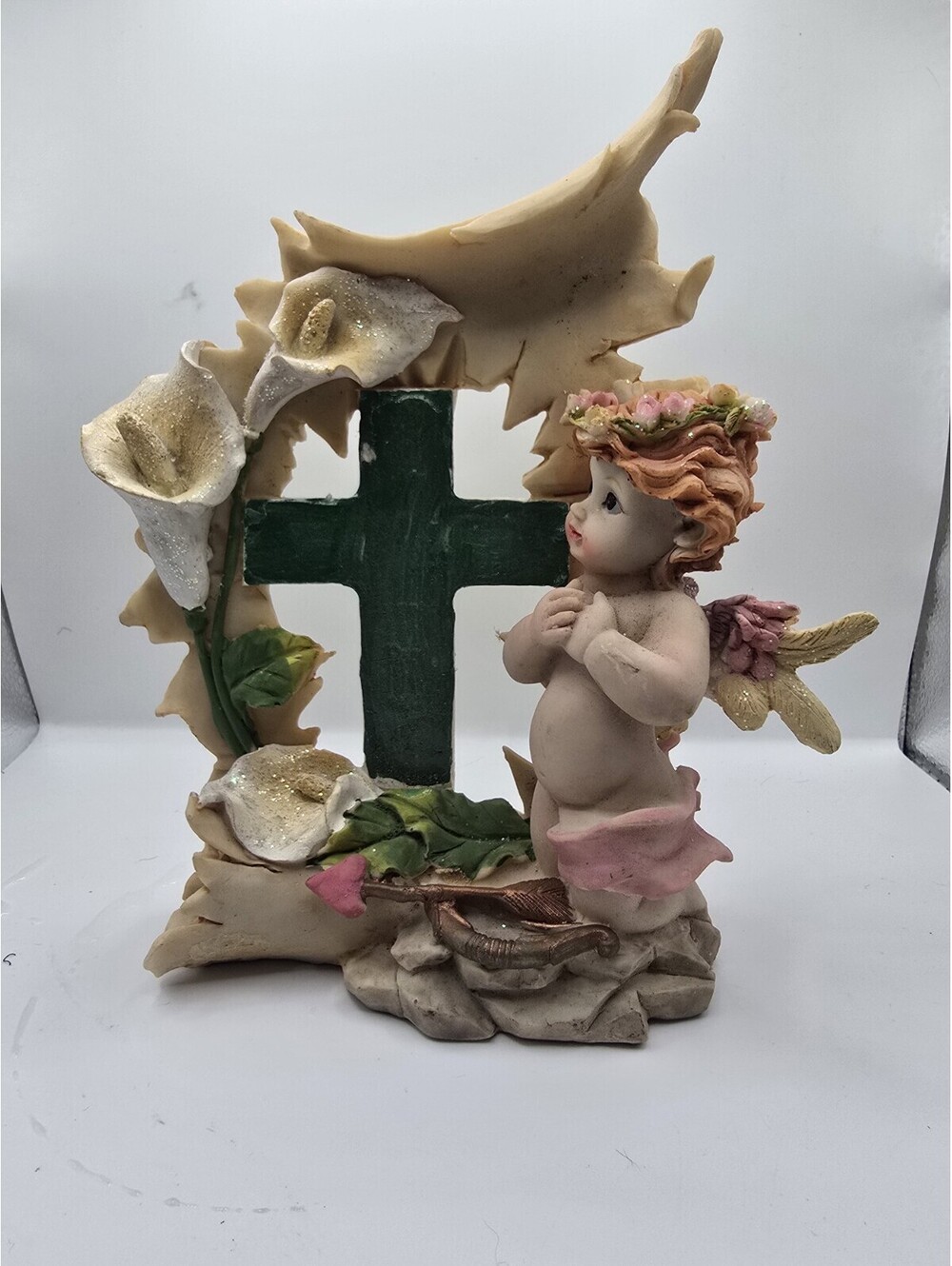 Cherub Angel Figurine Praying at Green Cross Calla Lily Resin Religious Statue